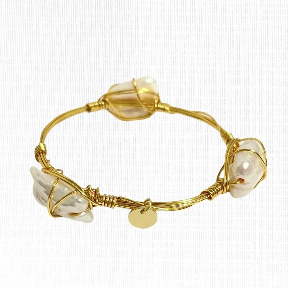 Wire Caged Chunky Pearl Bangle Bracelet Gold Tone Coastal Beach Handcrafted Art